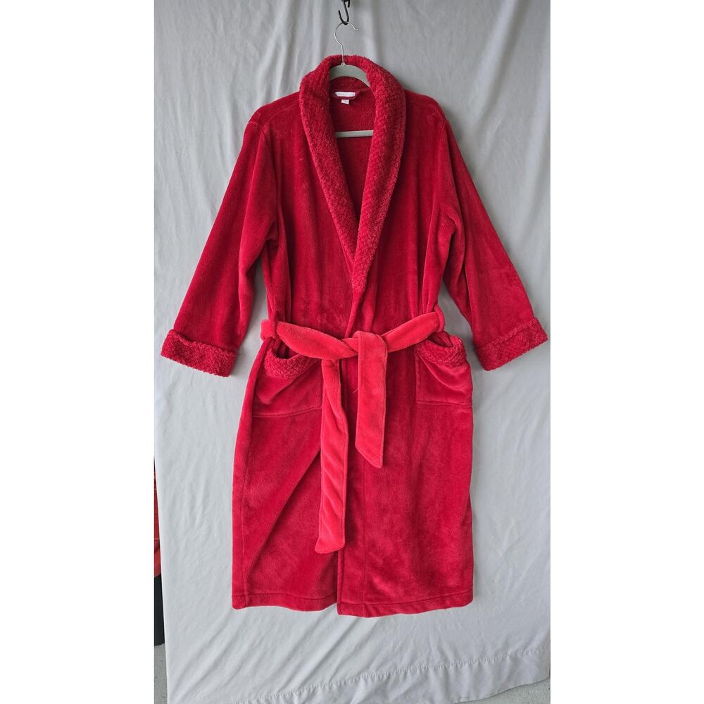 Charter Club Robe Womens Large Red Fleece Kimono Belted Shawl Collar Cozy